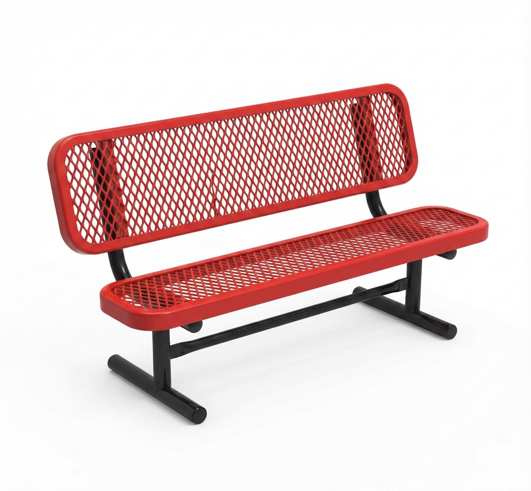Portable Preschool Bench with red metal mesh seat and backrest, black powder-coated frame, two young children seated outdoors on grass