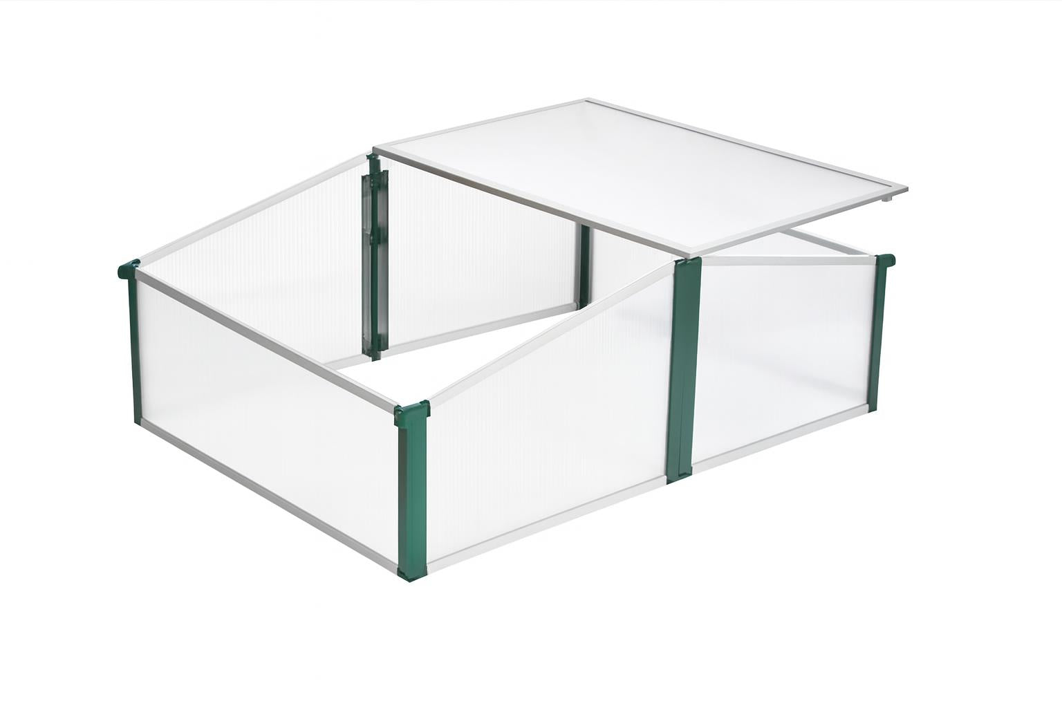 Easy-Fix Double Cold Frame greenhouse with green frame, clear polycarbonate panels, adjustable roof windows, and flowering plants inside