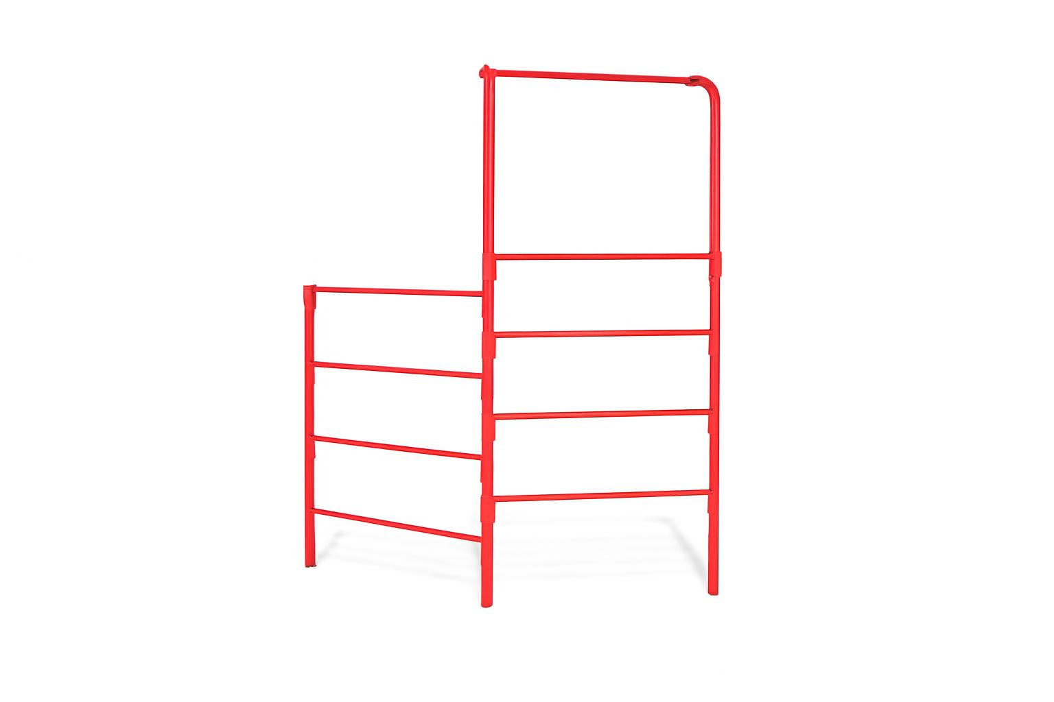 Stall Bar Fence Challenge bright red outdoor climbing equipment with horizontal bars, two boys climbing and hanging in a park setting