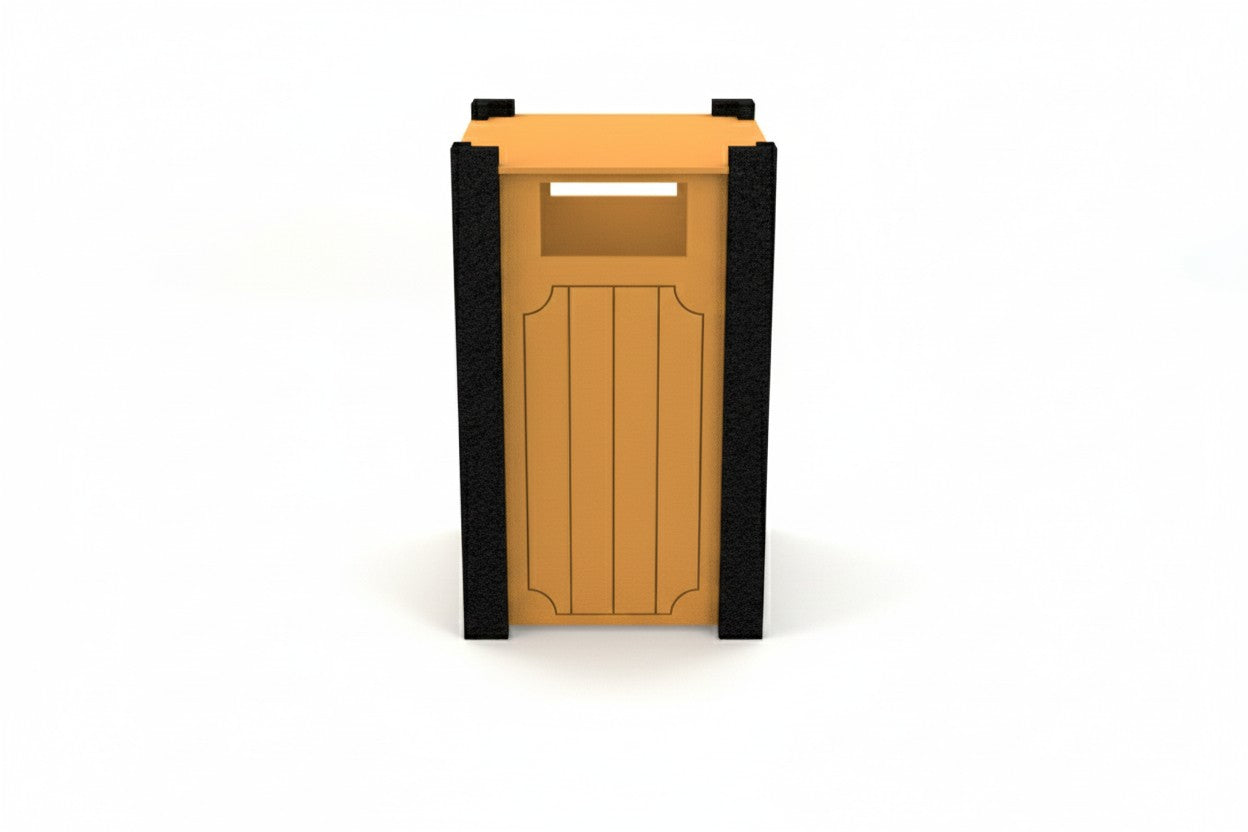 Ridgeview Recycled Plastic Trash Receptacle with orange panels and black textured corner supports, front view, outdoor waste bin