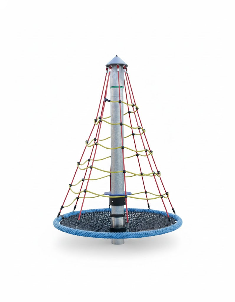 Spiral Carousel climbing equipment with colorful red and yellow spiral ropes, blue circular base, and central metal pole in playground