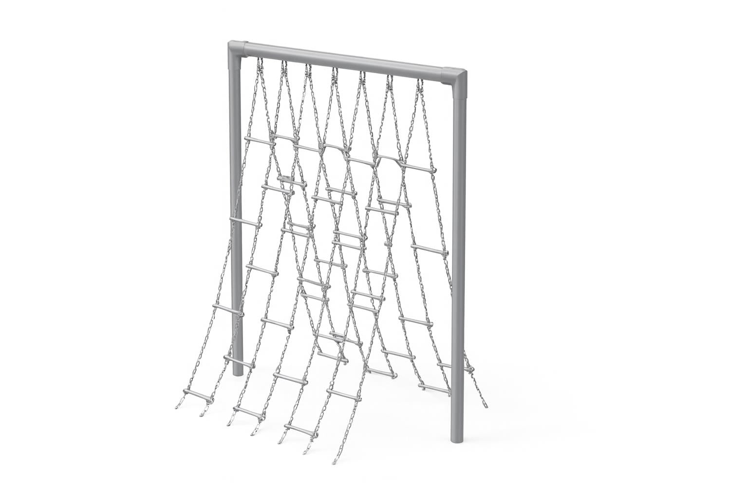 Scrambler Climber with staggered aluminum chain nets, metal frame, two children climbing on wood chip playground surface, outdoor agility equipment