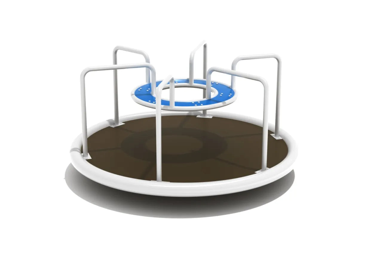 Kings Carousel merry-go-round with crown-like design and sturdy steel handholds.