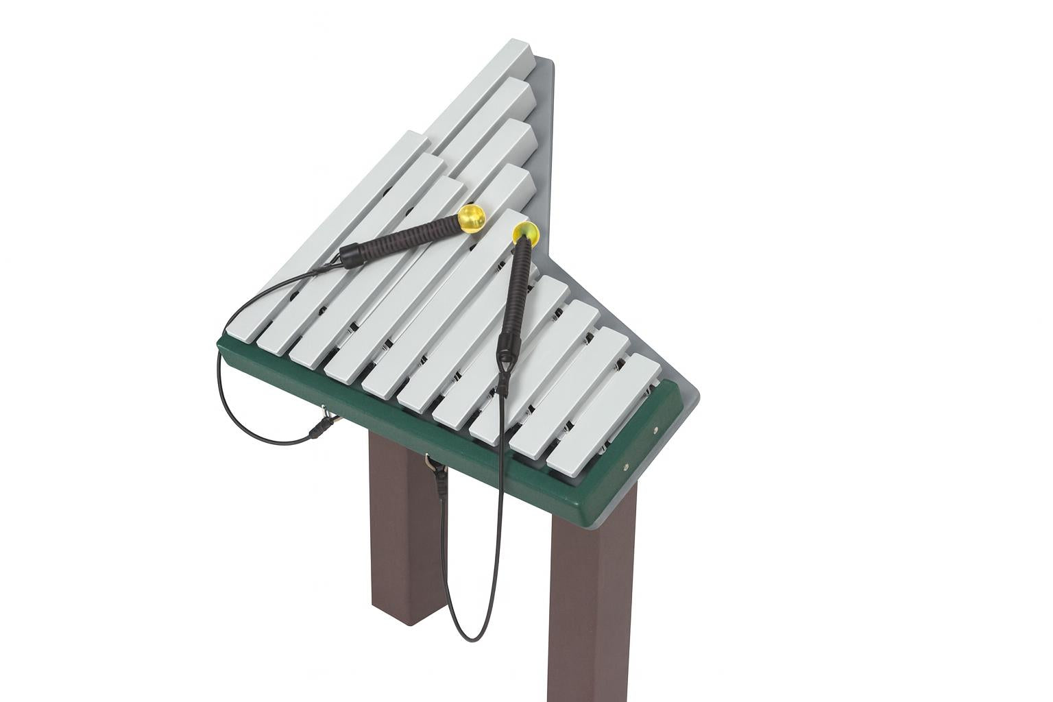 Merry Outdoor Musical Park Instrument green freestanding xylophone with metal bars, two mallets in embedded slots on playground surface