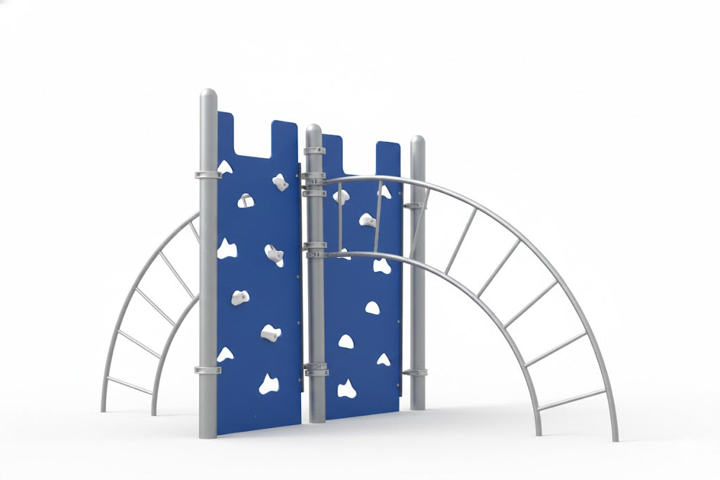 Hercules IV Climber with blue dual climbing walls and curved metal sideways ladders on outdoor playground mulch surface