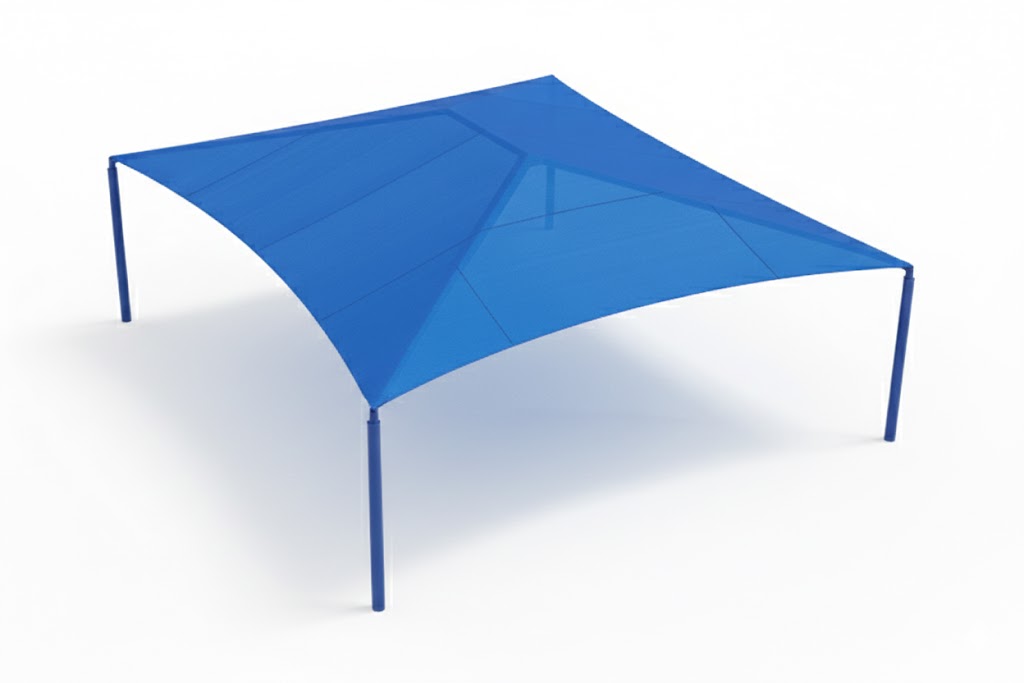 Hip Roof Shade Structure with 4 posts and bright blue UV-blocking fabric over playground equipment