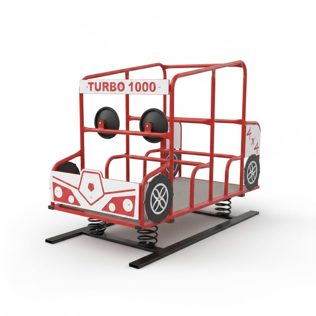 Turbo 1000 Rayzir multi passenger spring rider with red frame, black steering wheels, and decorative wheels on springs on grass