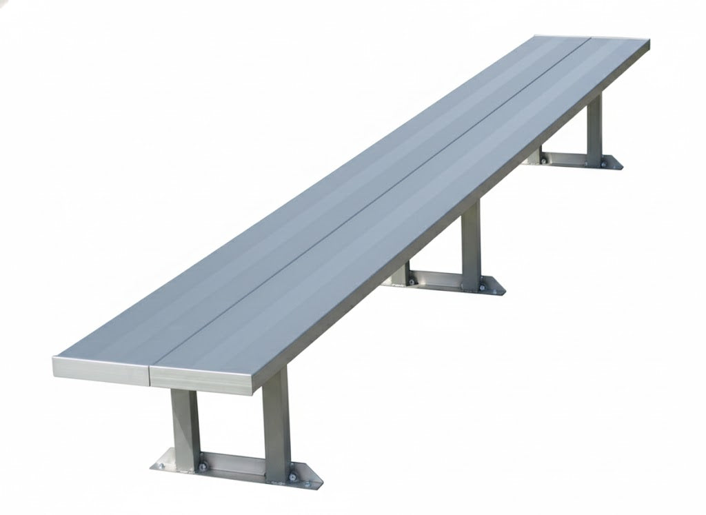 Portable Double Wide Bench without Backrest with anodized aluminum seat planks and metal legs on grass