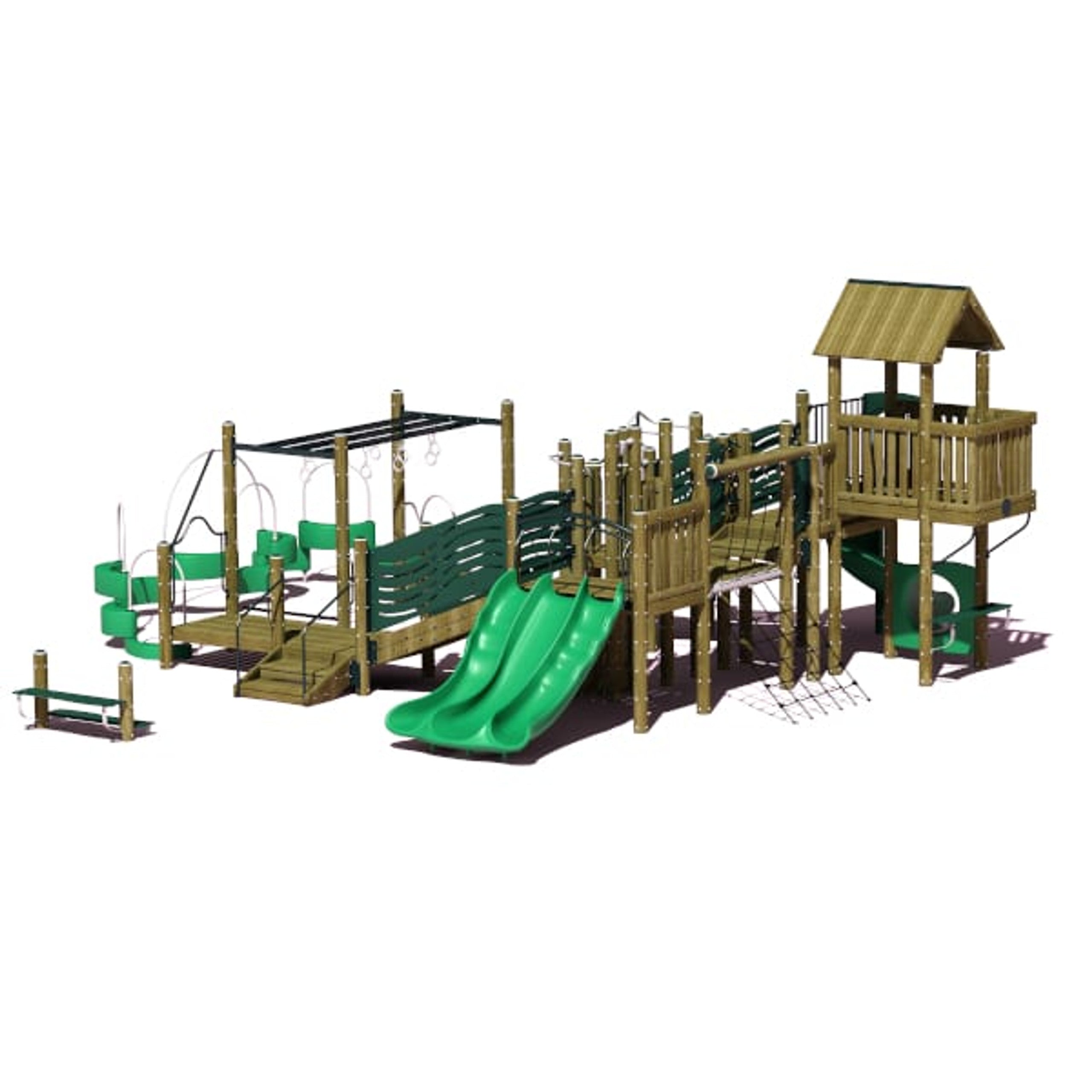 Large wooden playground structure with triple wave slide, spiral slide, climbing net, and multiple activity platforms