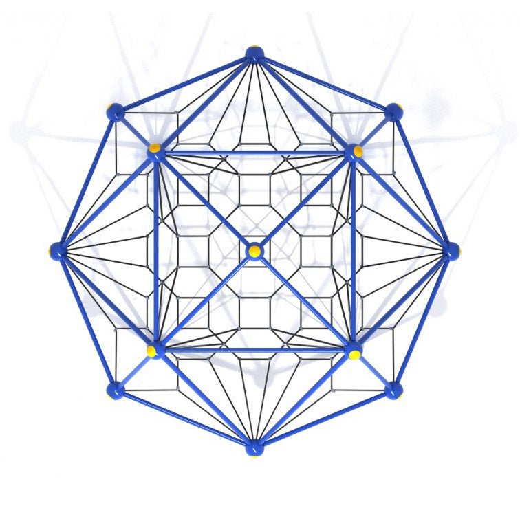 Overhead view of a geometric net climber with blue frame, black climbing nets, and yellow connection nodes