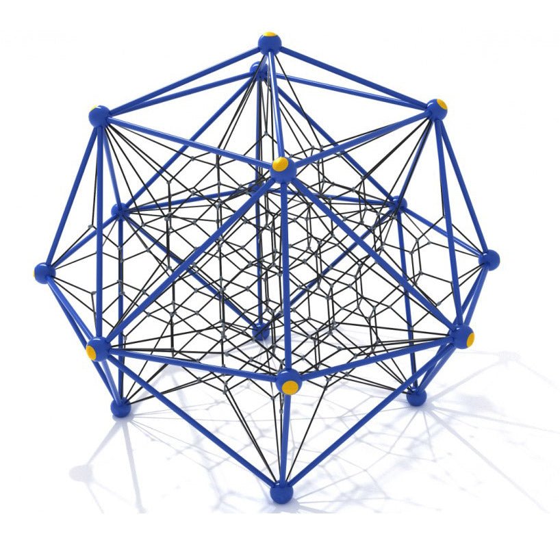 Blue spherical playground net climber with yellow connection nodes and black climbing ropes forming a geometric structure.