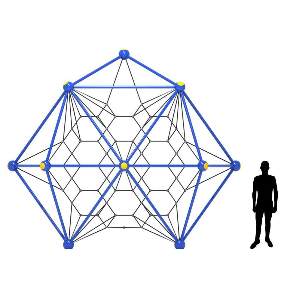 Geometric spherical net climber with blue frame, yellow nodes, and black ropes, shown with human silhouette for scale