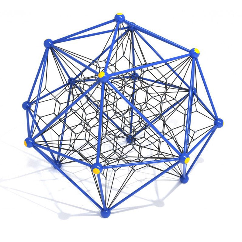 Lunar Leap geometric net climber with blue steel frame, black multi-angled climbing nets, and yellow connection nodes for playgrounds