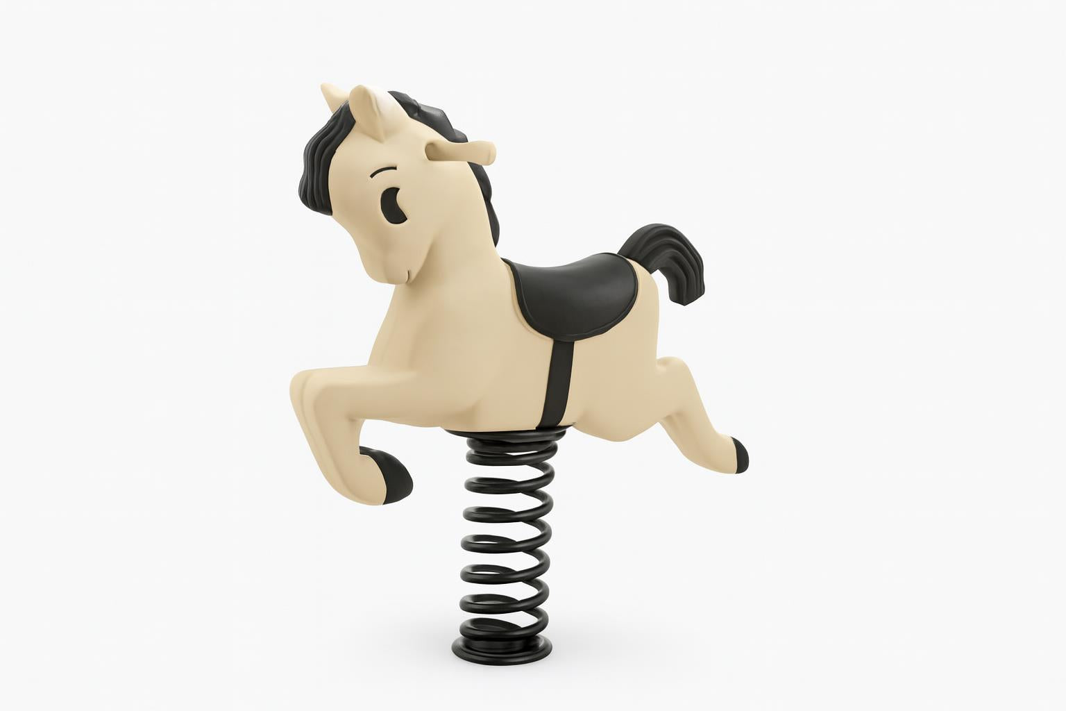 Bronco Easy Rider playground spring rider shaped like beige pony with black mane, tail, saddle, and sturdy black spring on wood chips