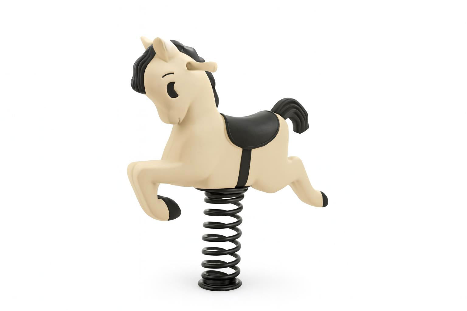 Bronco Easy Rider playground spring rider shaped like beige pony with black mane, tail, saddle, and sturdy black spring on wood chips