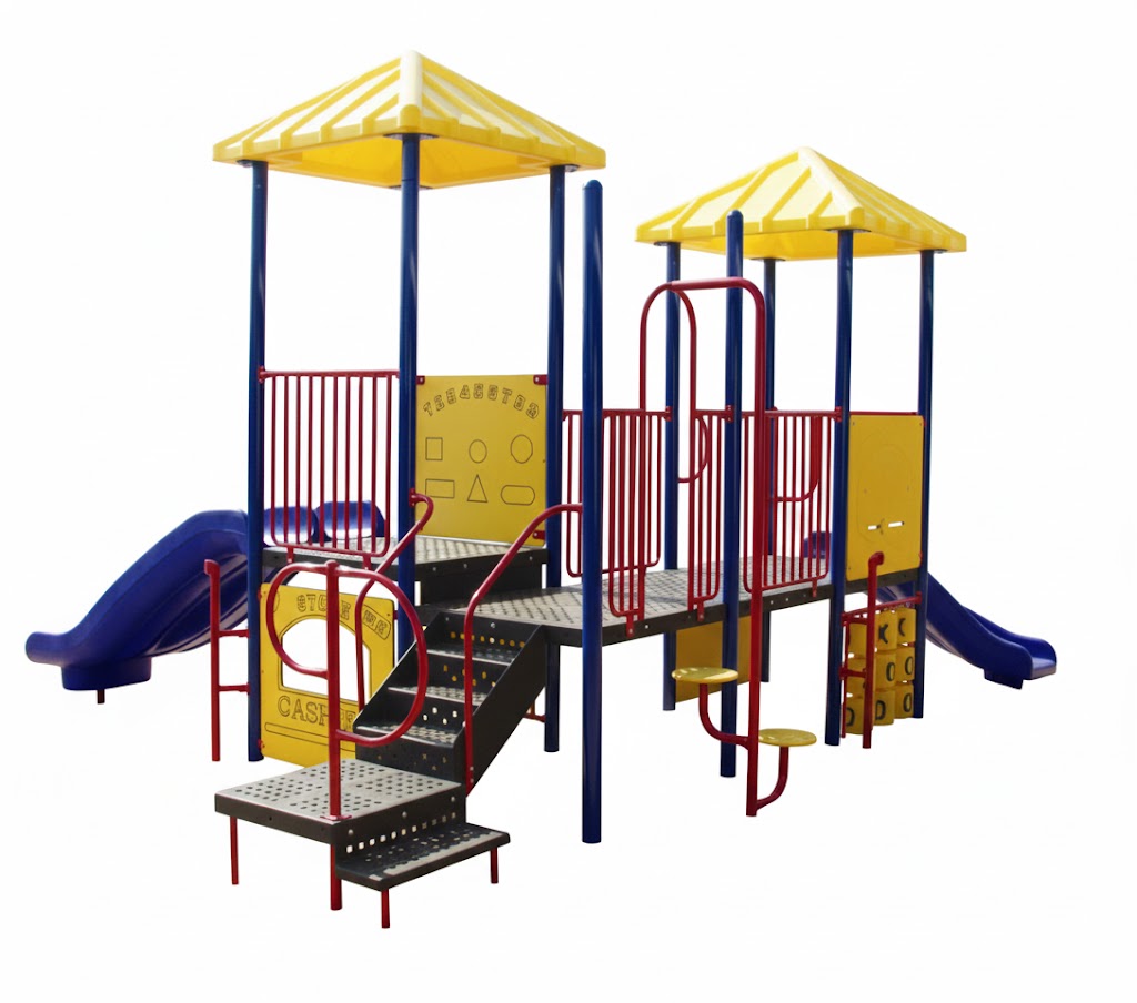 Miss Jenna Modular Playground with yellow roofs, blue slides, red railings, interactive panels, and wood chip ground