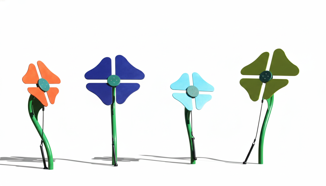 Flowers Outdoor Musical Park Instrument with four colorful flower-shaped musical elements in orange, blue, teal, and green, each with an attached mallet.