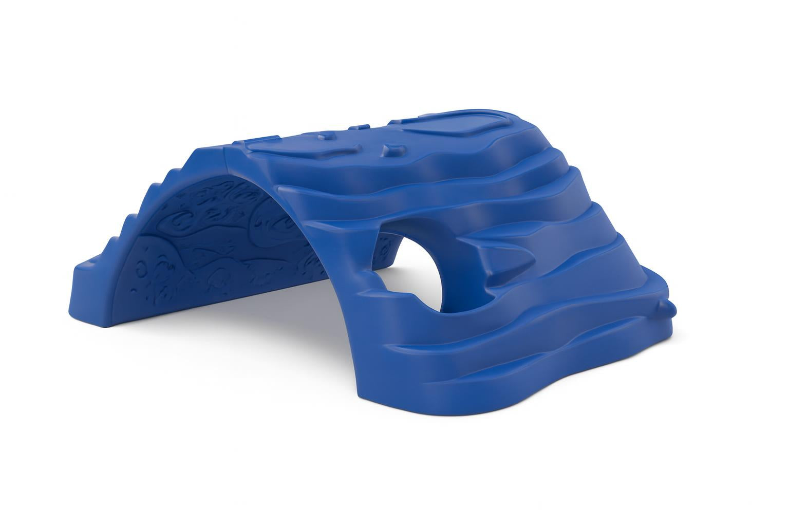 Poseidon's Hideout blue ocean-themed climbing structure with wave patterns and tunnel opening, children playing actively