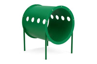 Sub-Collection image The BarkPark Doggie Crawl green plastic dog agility tunnel with circular spy-holes on wood chip surface at dog park