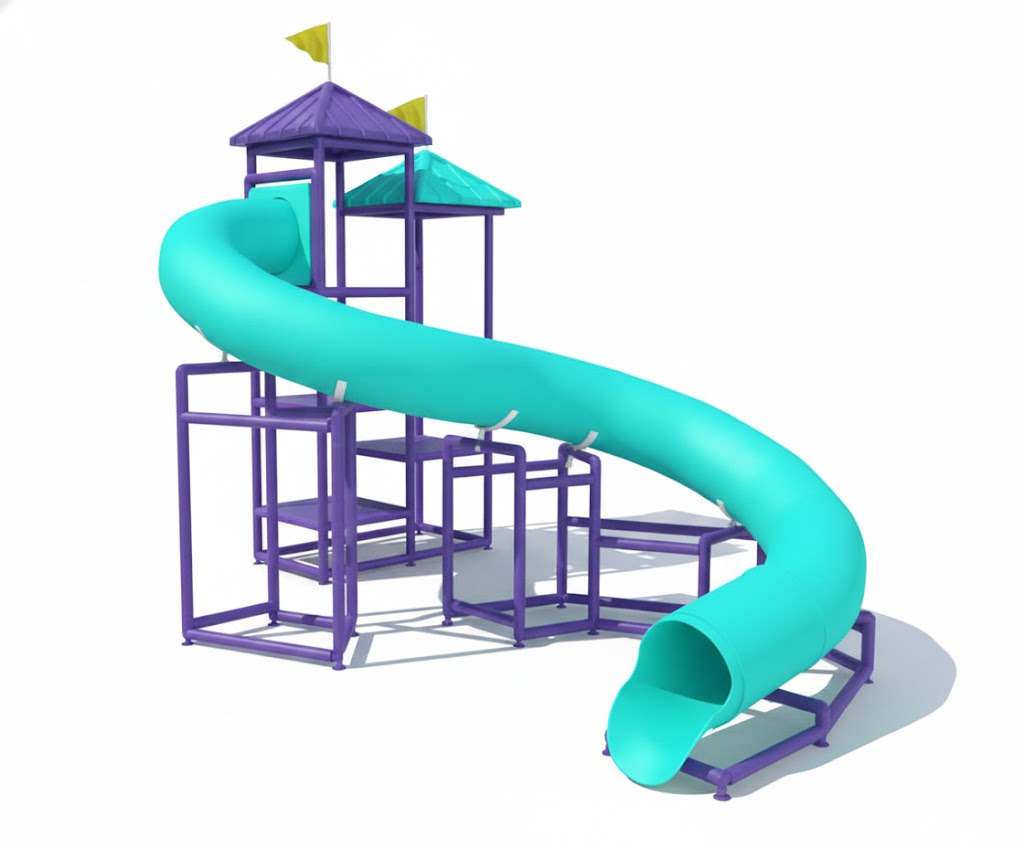 Lake of the Ozarks Water Slide with curved turquoise flume, purple aluminum frame, yellow flags, and two roofed platforms over concrete pool deck