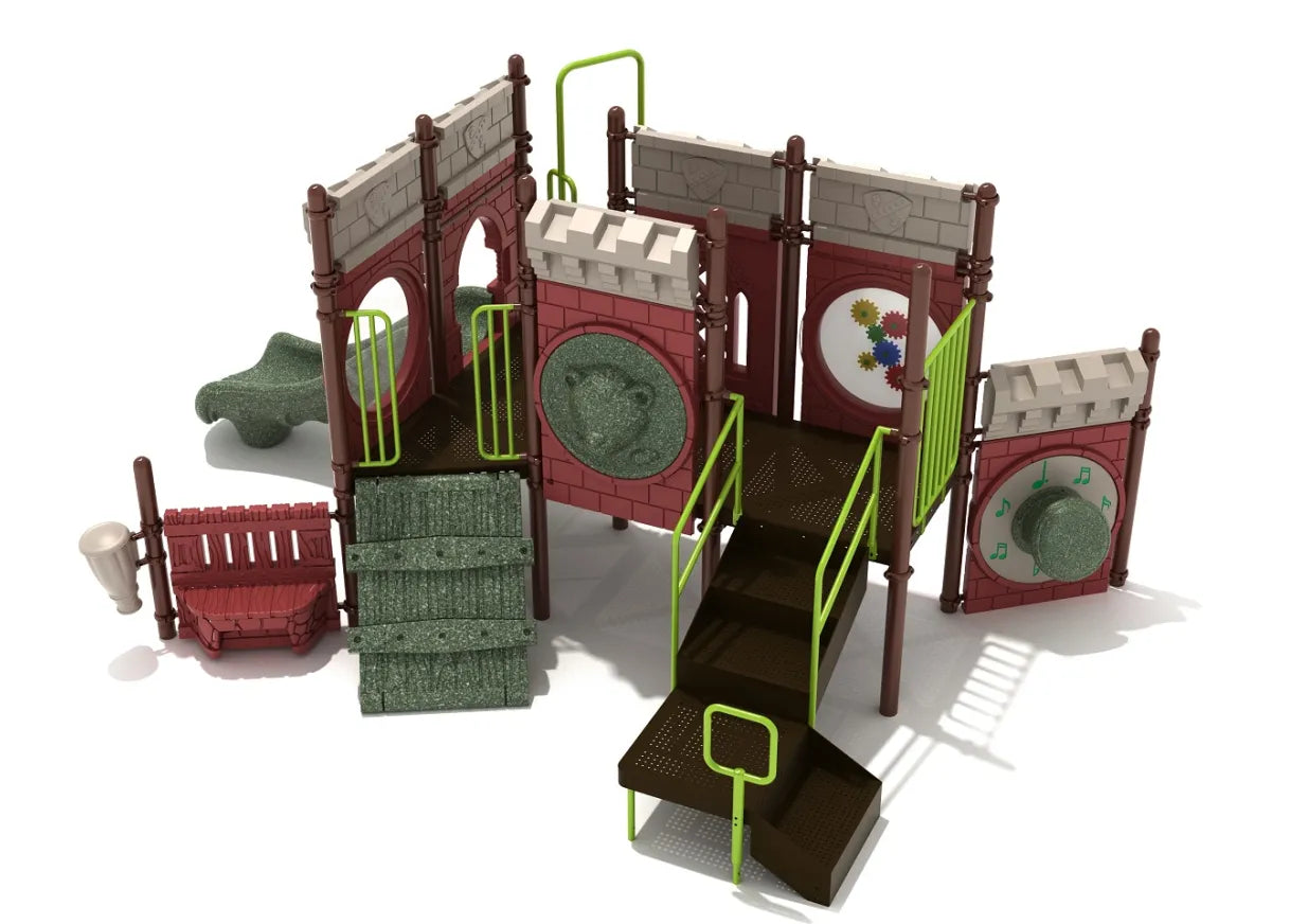 Mystic Ruins Playground with castle-themed panels, climbers, stairs, straight slide, gear and drum play features for active, imaginative play