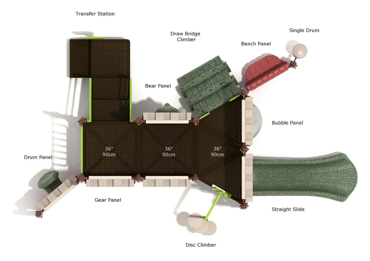 Overhead view of commercial playground with castle-themed climbers, slide, musical drum panel, and interactive play panels in earth tones