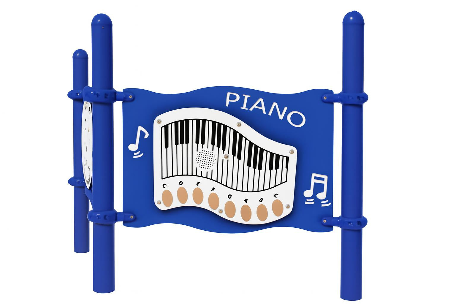 Piano Panel Playground Music Station with blue frame, interactive piano keys, and colorful musical note graphics for outdoor play