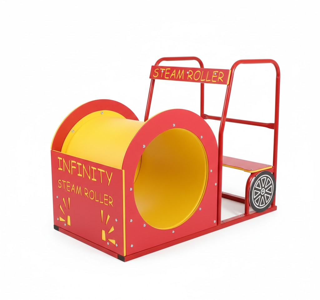 Steam Roller - Single Tunnel climbing tunnel playground equipment in red and yellow with steering wheels and seat