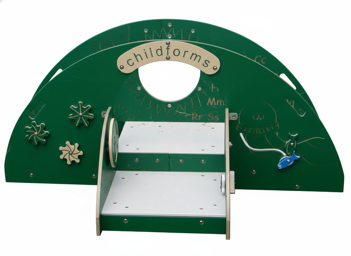 Indoor Tot Climber with green arch, white steps, interactive gears, and playful sea creature designs on artificial grass