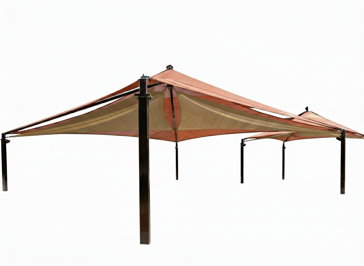 Mariner Pyramid Shade Structure with layered rust-colored fabric canopies and black metal posts over picnic tables in a park setting