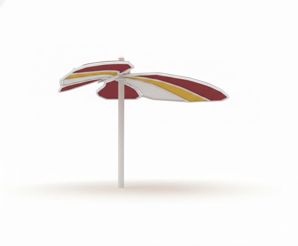 Butterfly Wings Shade Structure with red and yellow fabric panels in wings-down configuration on white pole providing colorful shade