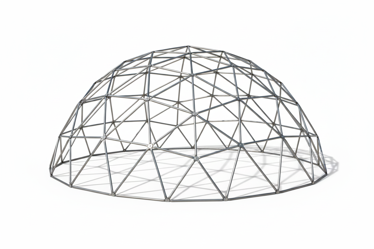 Super Geo Dome Climber with blue and beige geometric galvanized steel bars and children climbing in outdoor playground