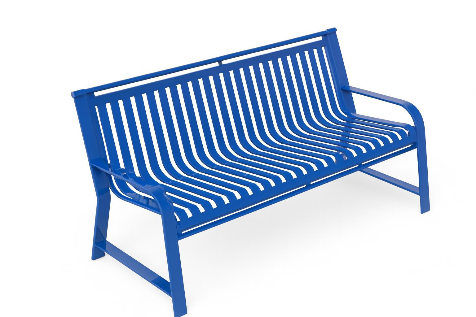 Oxford Bench with Back, blue metal outdoor bench with slatted seat, backrest, and armrests, occupied by elderly person reading in green park