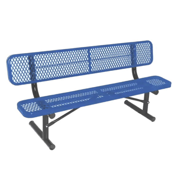 6′ Portable Commercial Bench with blue diamond-mesh seat and backrest, sturdy black steel frame for outdoor parks and schools
