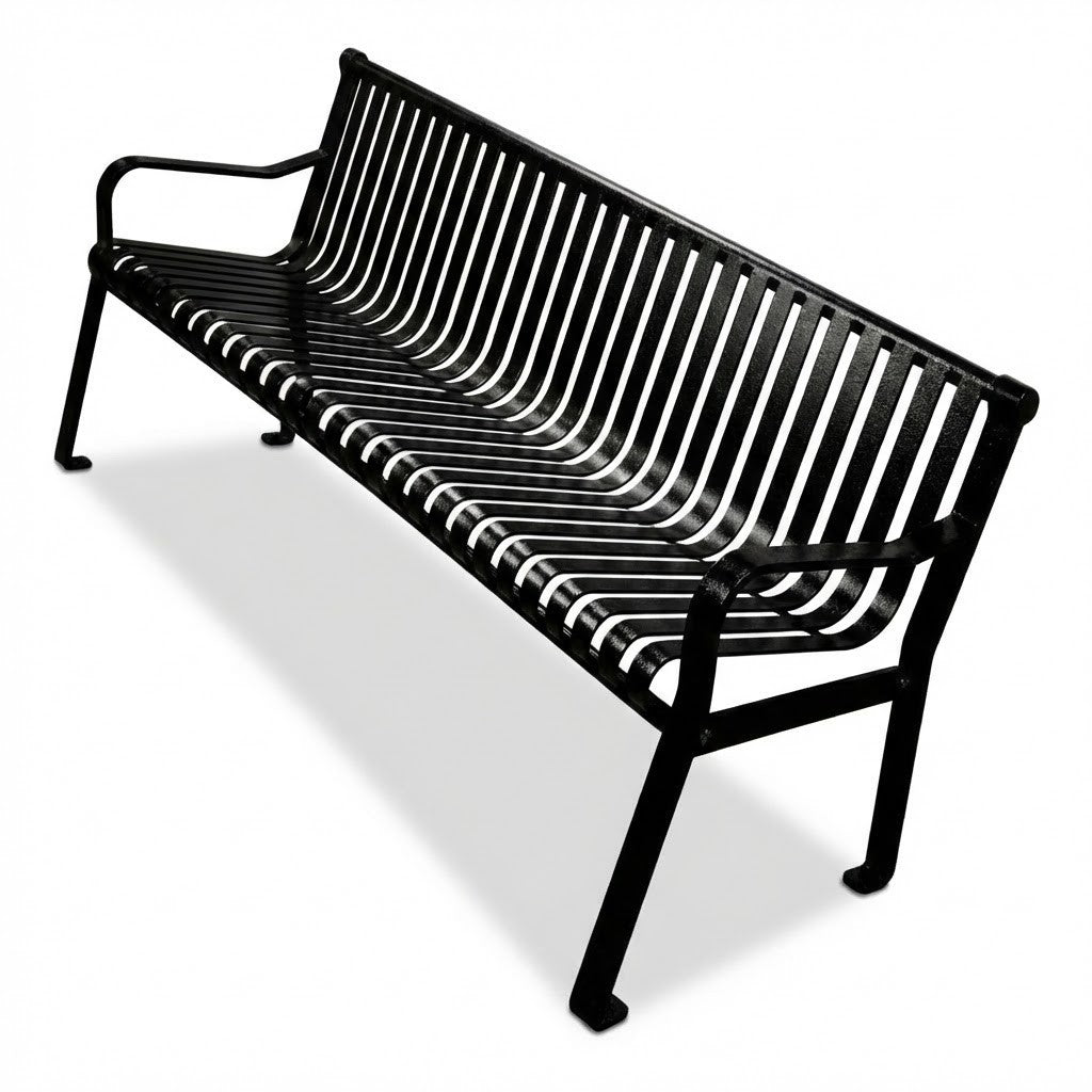 6' Commercial Slatted Steel Bench with back and arms, black powder-coated metal slats, sturdy outdoor park seating