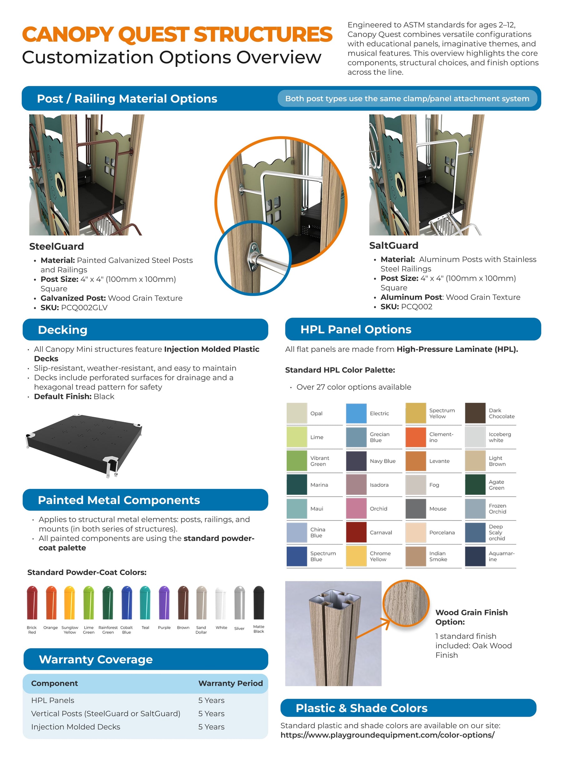 Playground structure with wood grain posts, colorful powder-coated metal railings, and molded plastic decks featuring whimsical roofs and interactive panels.