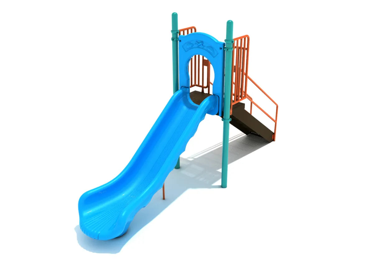 A blue 4-foot single straight slide with orange railings and green posts.