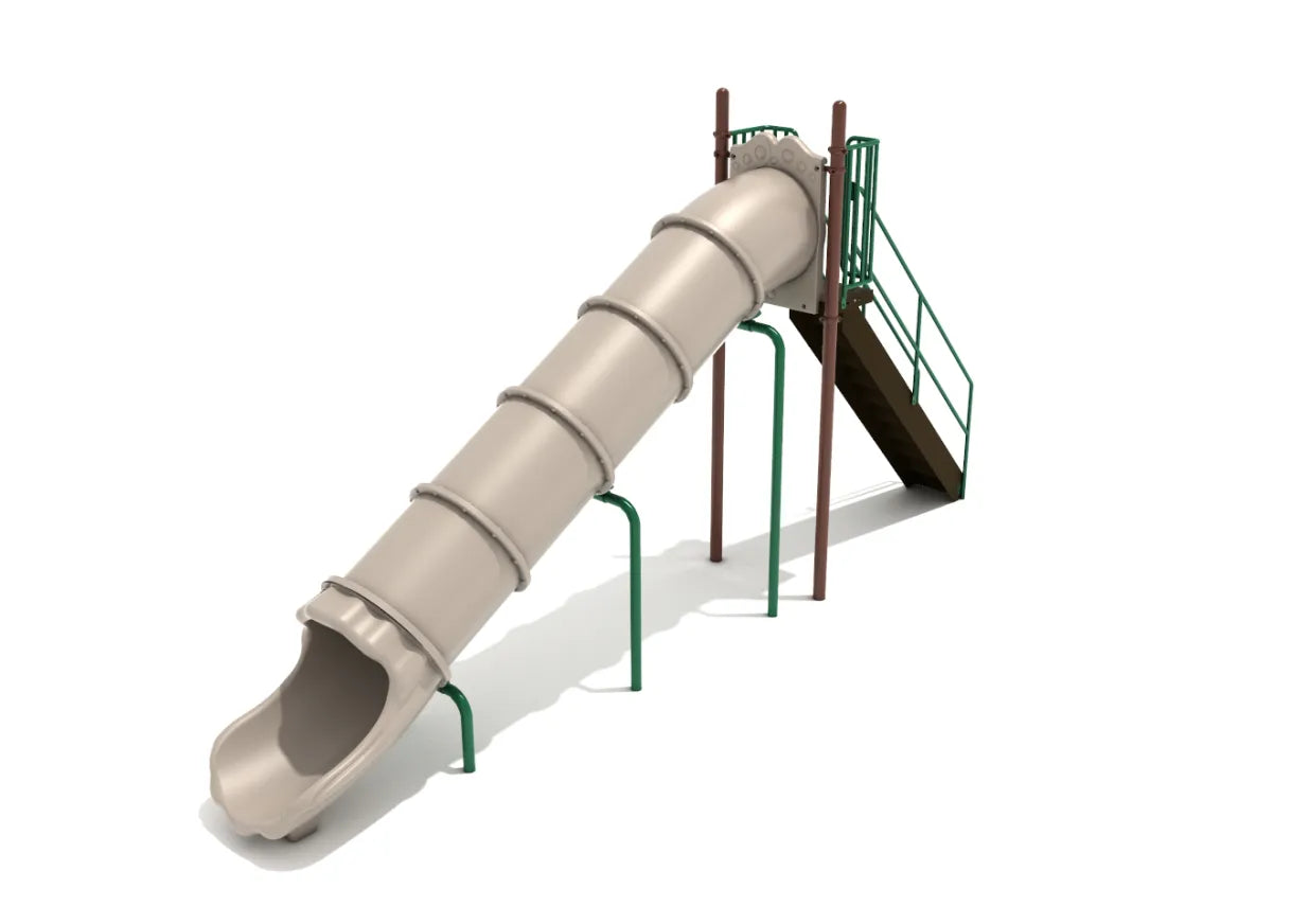 A 7 Foot Tube Straight Slide with a beige tube and green supports.