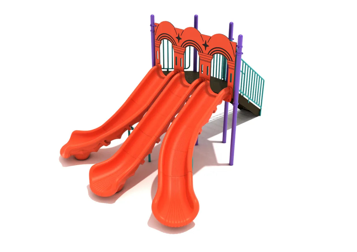 Freestanding triple sectional split slide with three orange chutes, decorative arch panels, and stairs with teal rails on purple posts.