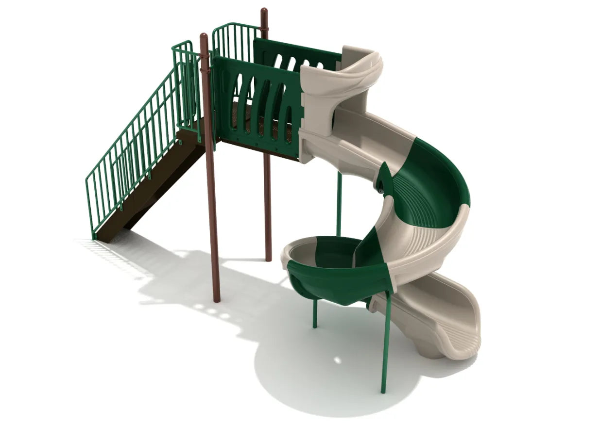 7 Foot Sectional Freestanding Spiral Slide with green rails and tan-green spiral chute