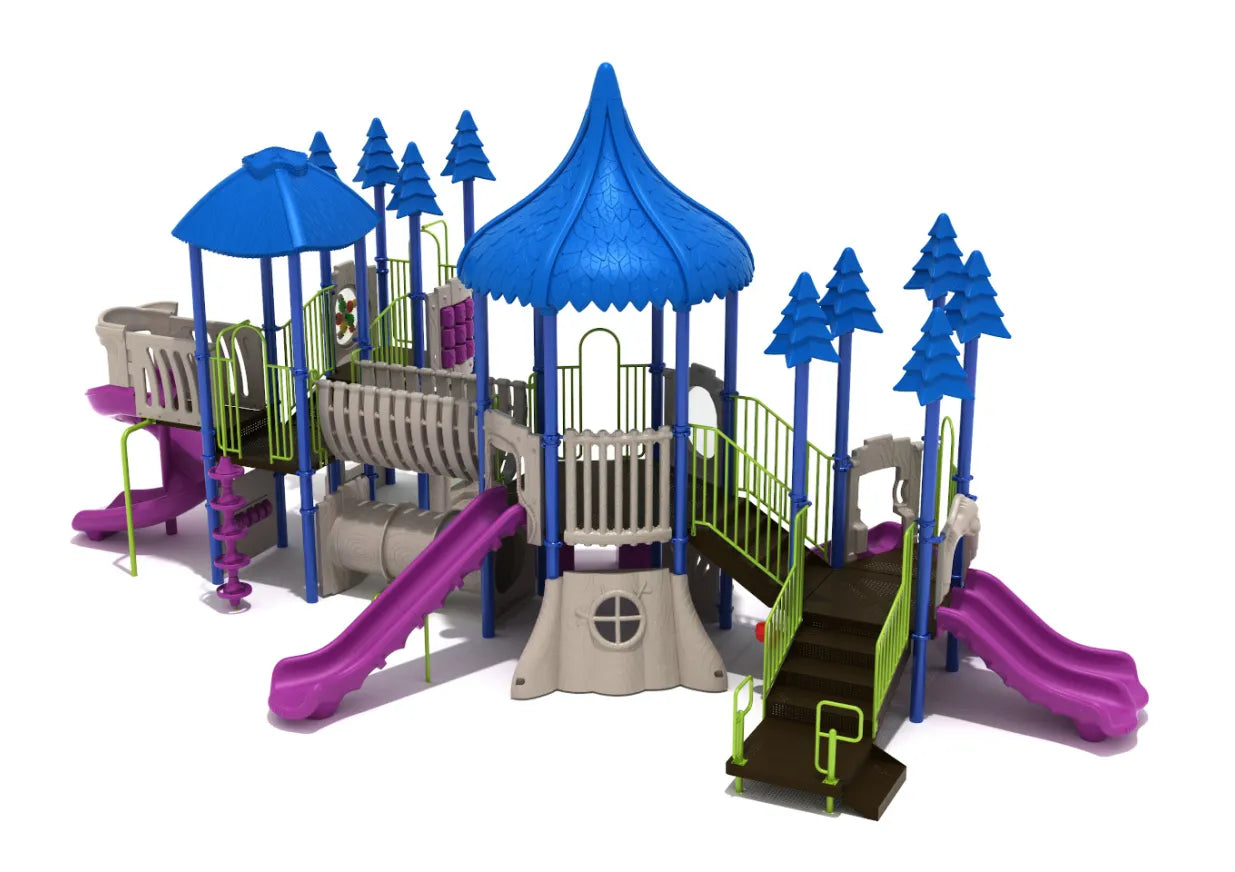 Mighty Macaw Playground colorful play structure with blue treehouse roofs, green railings, and multiple purple slides
