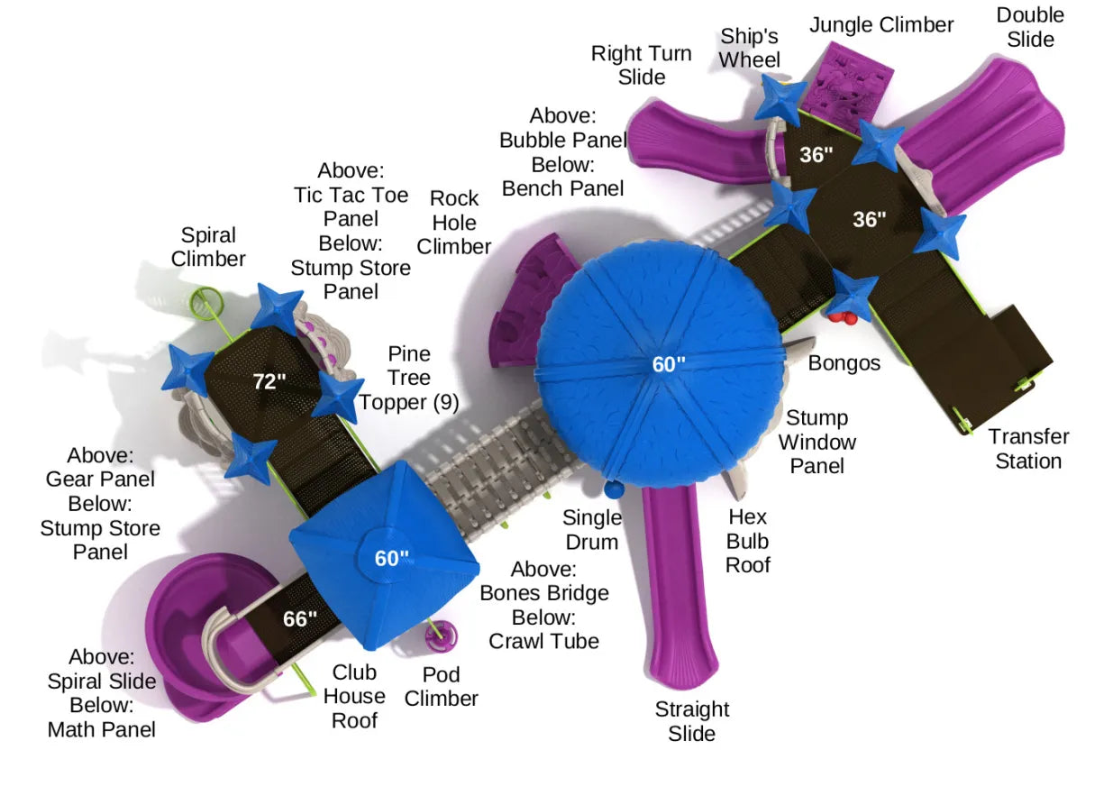 Overhead view of colorful playground with slides, climbers, bridges, interactive panels, and tree-themed roofs