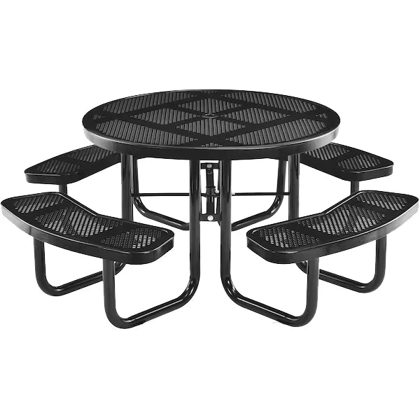 Black round commercial picnic table with four curved bench seats and punched-steel top
