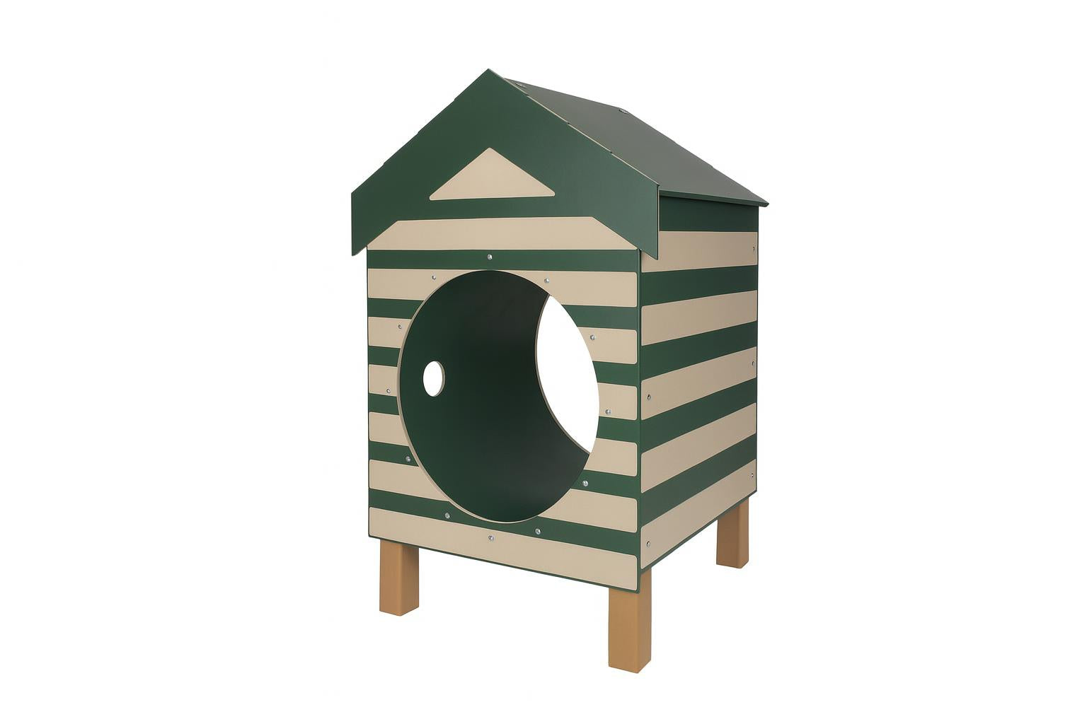 Recycled Crawl Tunnel with Dog House featuring green and beige striped recycled plastic dog house connected to circular crawl tunnel on grass