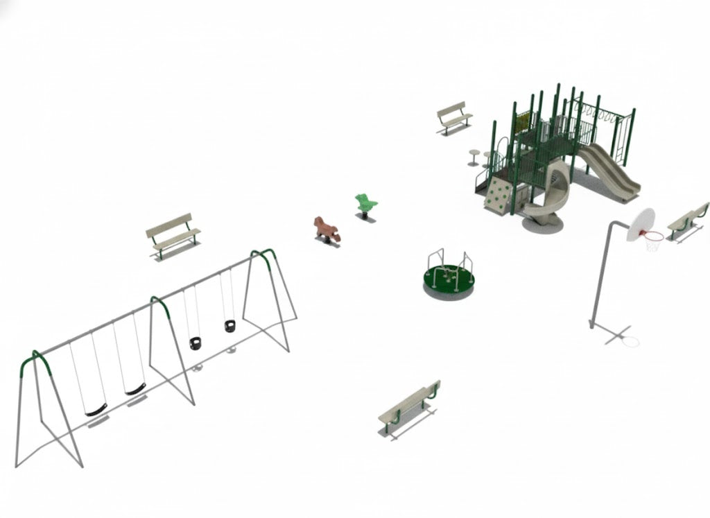 Great Basin WillyGoat Playground with green vertical poles, beige spiral slide, climbing wall, monkey bars, swings, spring riders, merry-go-round, benches, and basketball hoop on wood chip ground