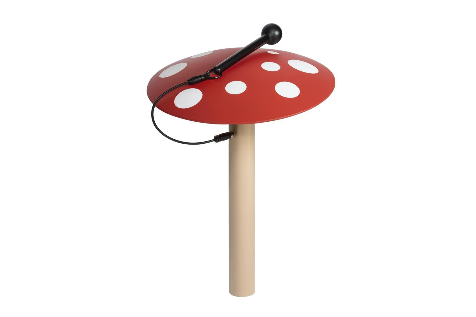 Mushrooms Outdoor Musical Park Instrument with red anodized aluminum cap featuring white spots and attached mallet in natural garden setting