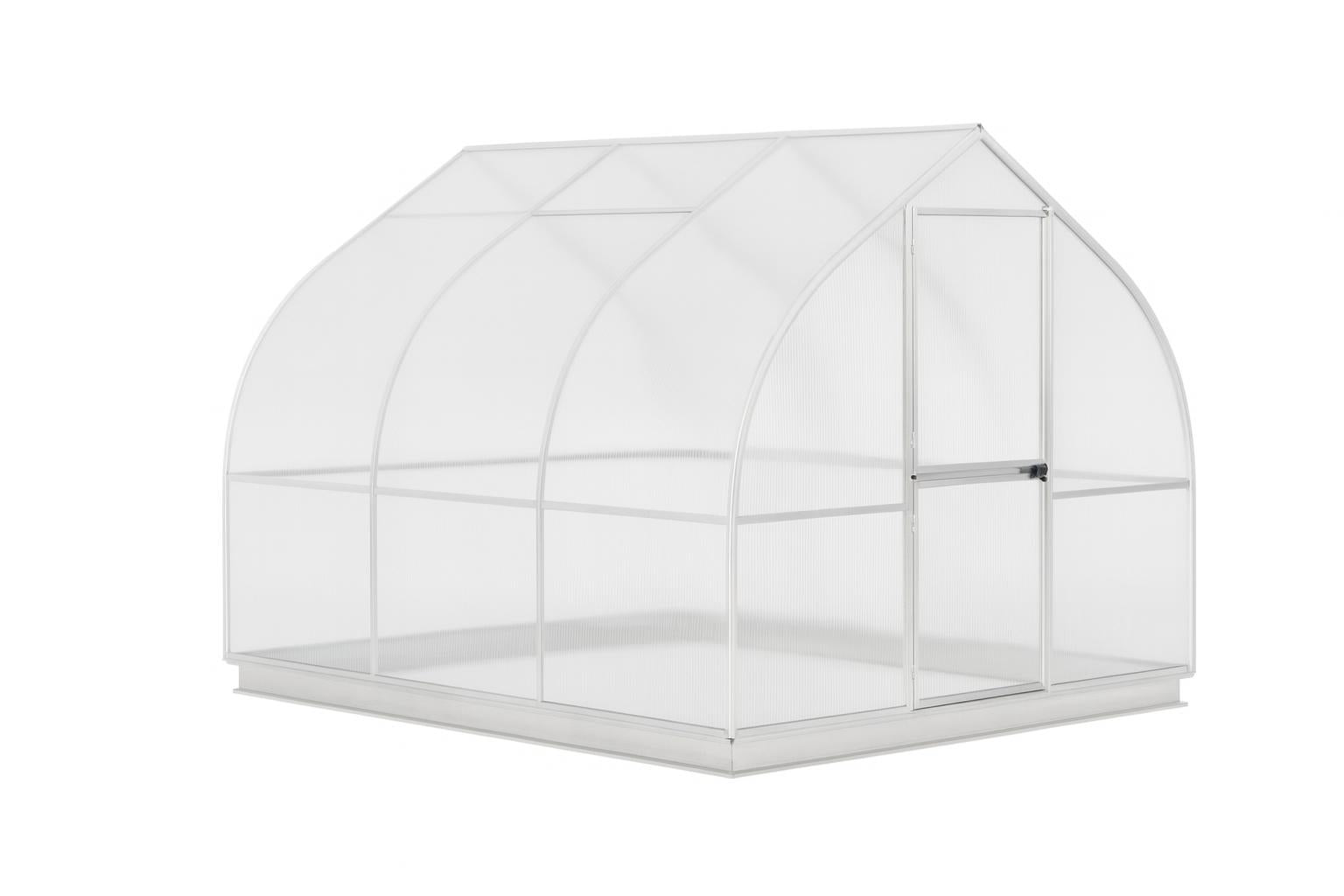 Riga 3 Greenhouse with curved twin-wall polycarbonate panels, barn-style door with lock, roof window, rear window, and plants inside
