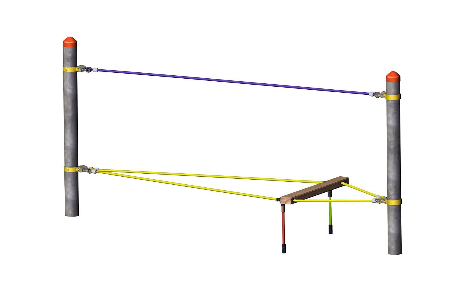 Balancing Rope playground equipment with steel posts, yellow and purple ropes, and wooden plank for climbing and coordination development