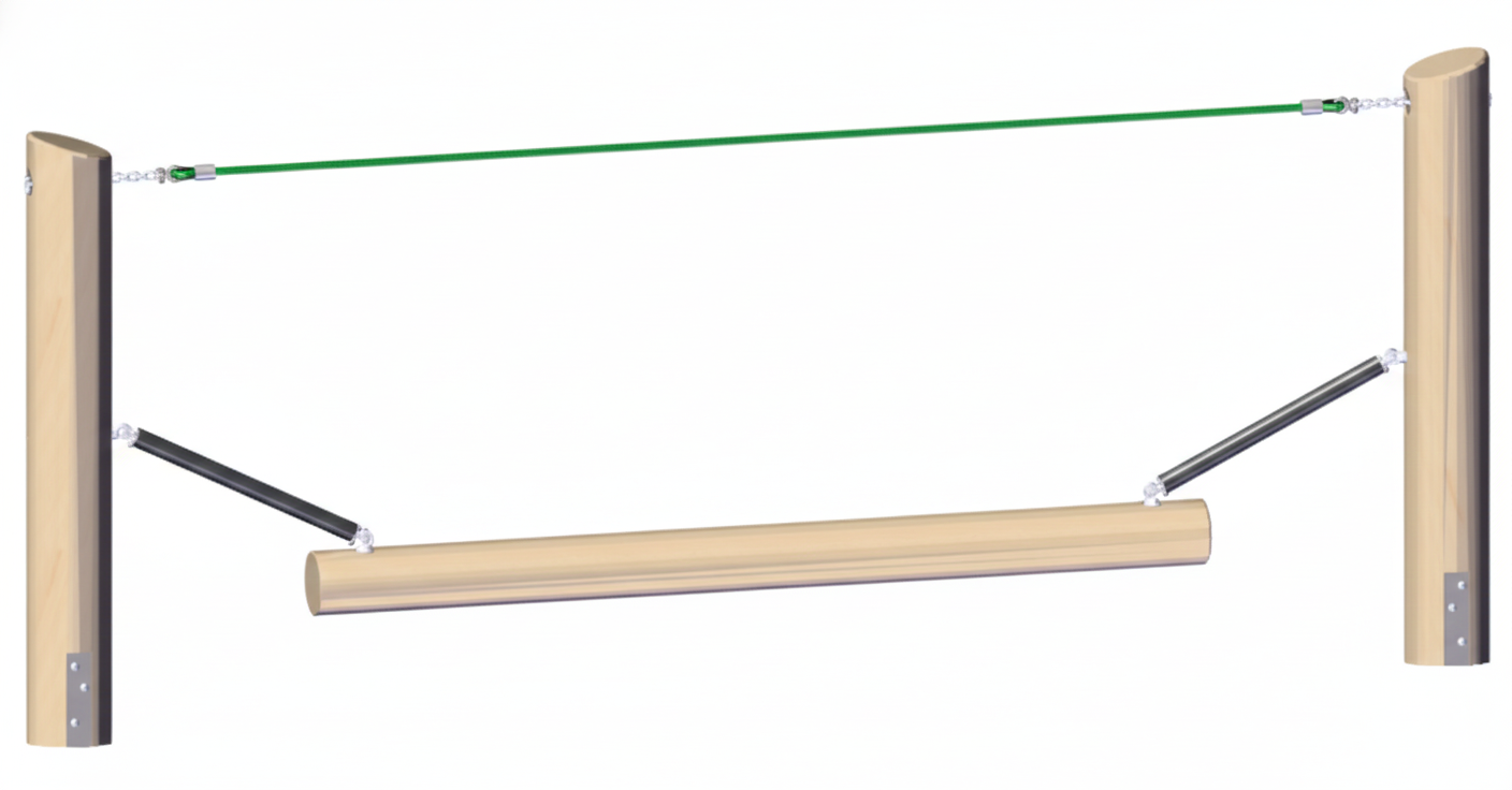 Wobble Beam outdoor wooden balance beam suspended between posts with tension cables and metal supports for climbing play
