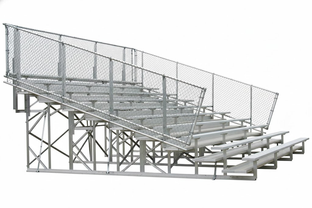 10 Row Preferred Bleachers aluminum seating with chain-link guardrail, anodized seats, foot planks, non-elevated design on grassy field